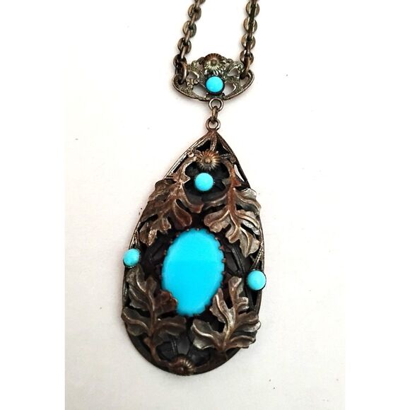 1930s Vintage Filigree Pendant Necklace with Turquoise Glass Cabochons - Picture 2 of 5